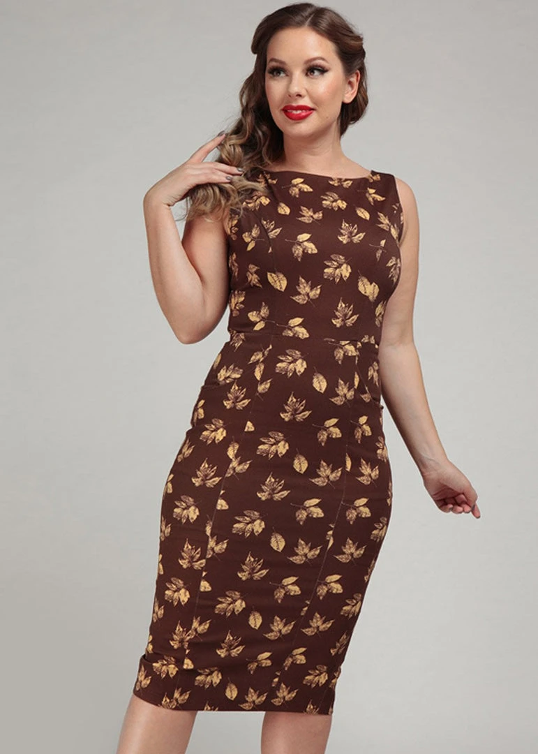 Collectif Hepburn Fall Leaves 50's Pencil Dress Brown New In