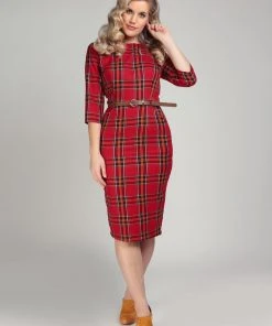New In Collectif Adeline Berry Check 50's Pencil Dress Red