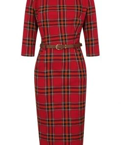 New In Collectif Adeline Berry Check 50's Pencil Dress Red