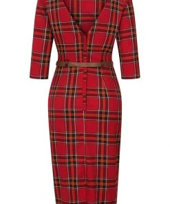 New In Collectif Adeline Berry Check 50's Pencil Dress Red