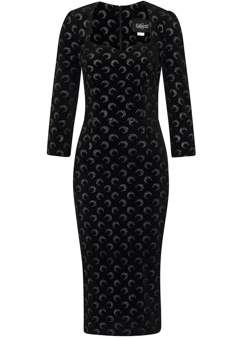 Collectif Vanessa Glitter Moon Velvet 50's Pencil Dress Black