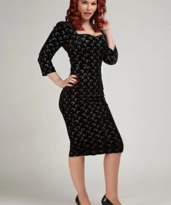 Collectif Vanessa Glitter Moon Velvet 50's Pencil Dress Black