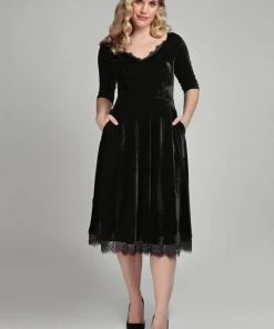 Collectif Lacey Velvet 50's Swing Dress Black New In