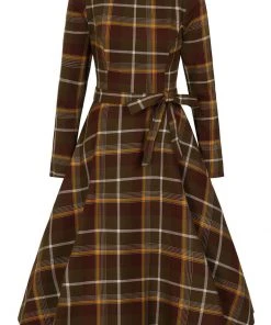 Collectif Arwen Mosshill Check 40's Swing Dress Brown New In
