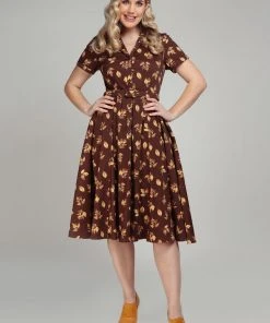 Collectif Caterina Fall Leaves 50's Swing Dress Brown New In