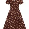 Collectif Caterina Fall Leaves 50's Swing Dress Brown New In