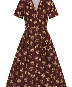 Collectif Caterina Fall Leaves 50's Swing Dress Brown New In