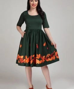 Collectif Amber Lea Leaves 50's Swing Dress Green New In
