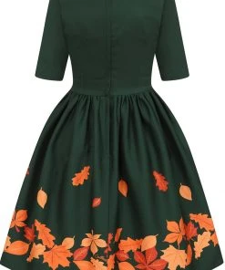 Collectif Amber Lea Leaves 50's Swing Dress Green New In