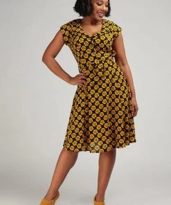 Collectif Violet Vintage Fleur 40's Swing Dress Mustard Black
