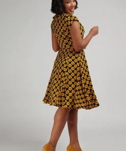 Collectif Violet Vintage Fleur 40's Swing Dress Mustard Black