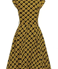 Collectif Violet Vintage Fleur 40's Swing Dress Mustard Black