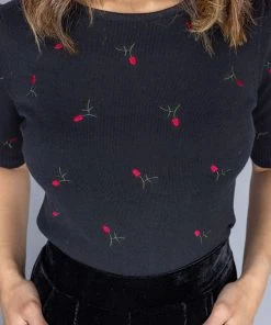 Collectif Chrissie Floral Embroidery Knitted 50's Top Black New In