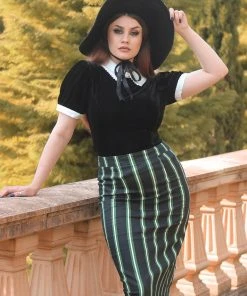 Collectif Polly Witch Stripes 50's Pencil Skirt Black New In