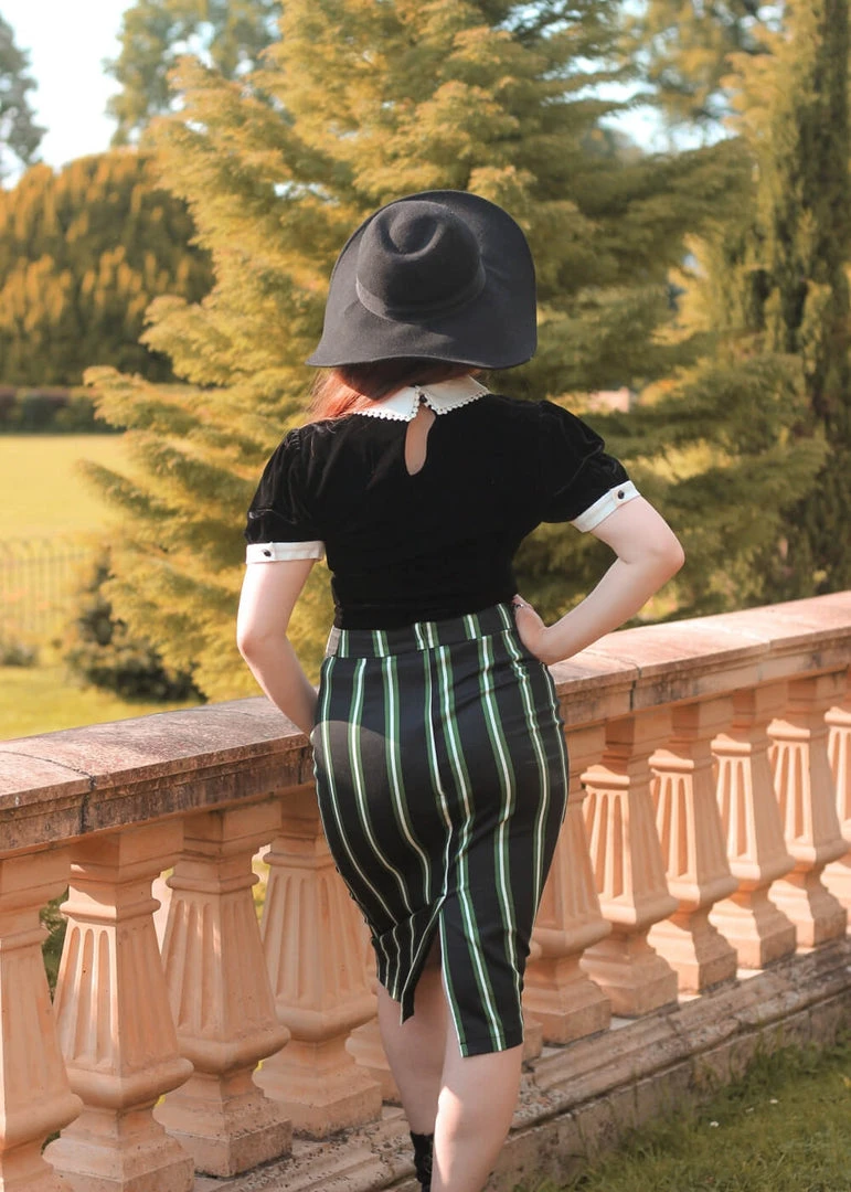 Collectif Polly Witch Stripes 50's Pencil Skirt Black New In