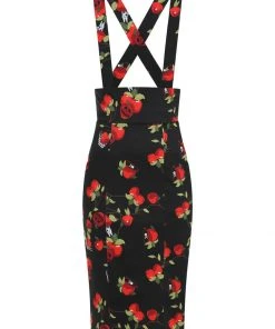 New In Collectif Alexa Deathly Apples 50's Pencil Skirt Black
