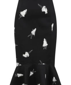 Collectif Winifred Pinup Ghouls 50's Fishtail Skirt Black White New In