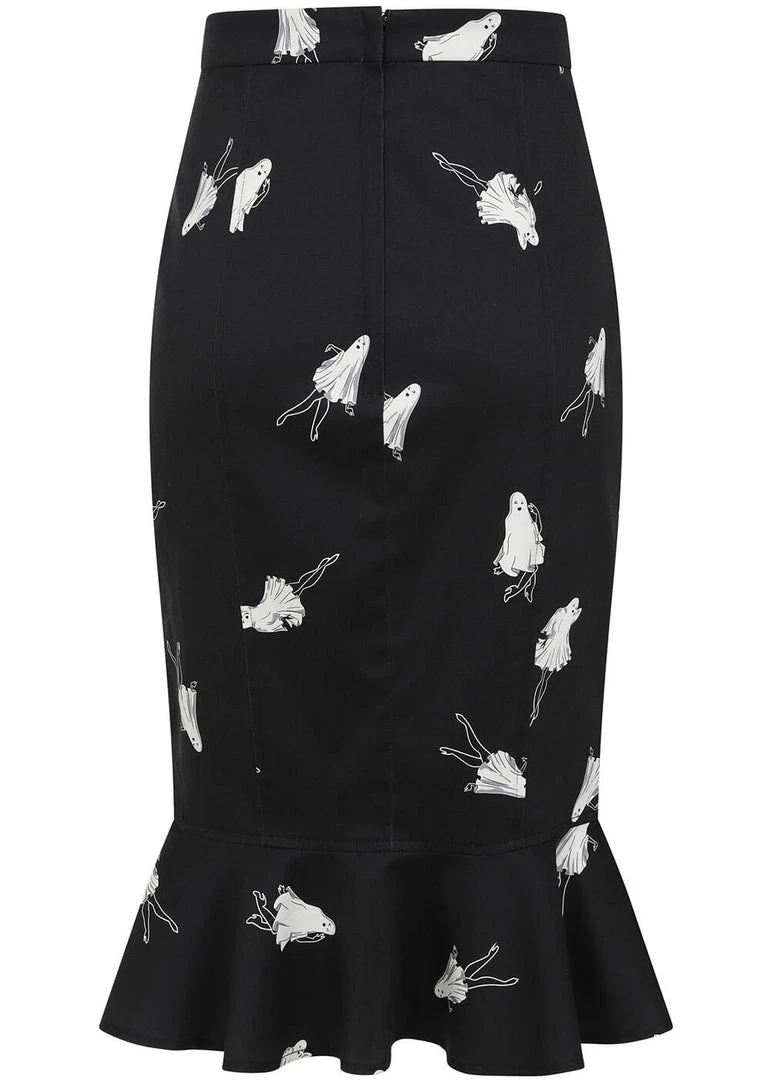 Collectif Winifred Pinup Ghouls 50's Fishtail Skirt Black White New In