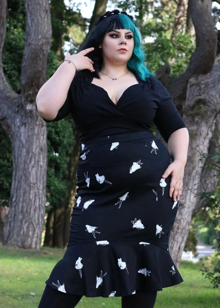 Collectif Winifred Pinup Ghouls 50's Fishtail Skirt Black White New In