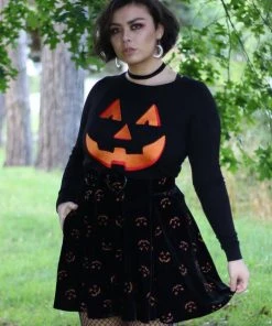 Collectif Adore Pumpkin Glitter 60's Skater Skirt Black Orange New In