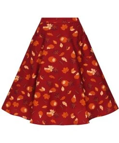 New In Collectif Silvia Hedgehog & Leaves 50's Swing Skirt Red