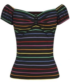 Collectif Dolores Dark Rainbow 50's Top Black Multi New In