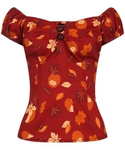 Collectif Dolores Hedgehogs And Leaves 50's Top Red New In