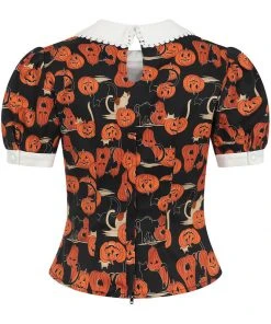Collectif Peta Pumpkins And Cats 40's Top Black Orange