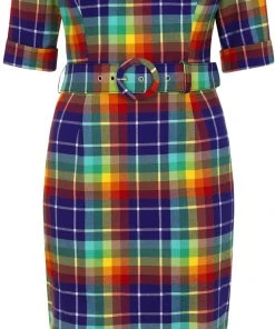 New In Collectif June Rainbow Check 50's Pencil Dress Multi
