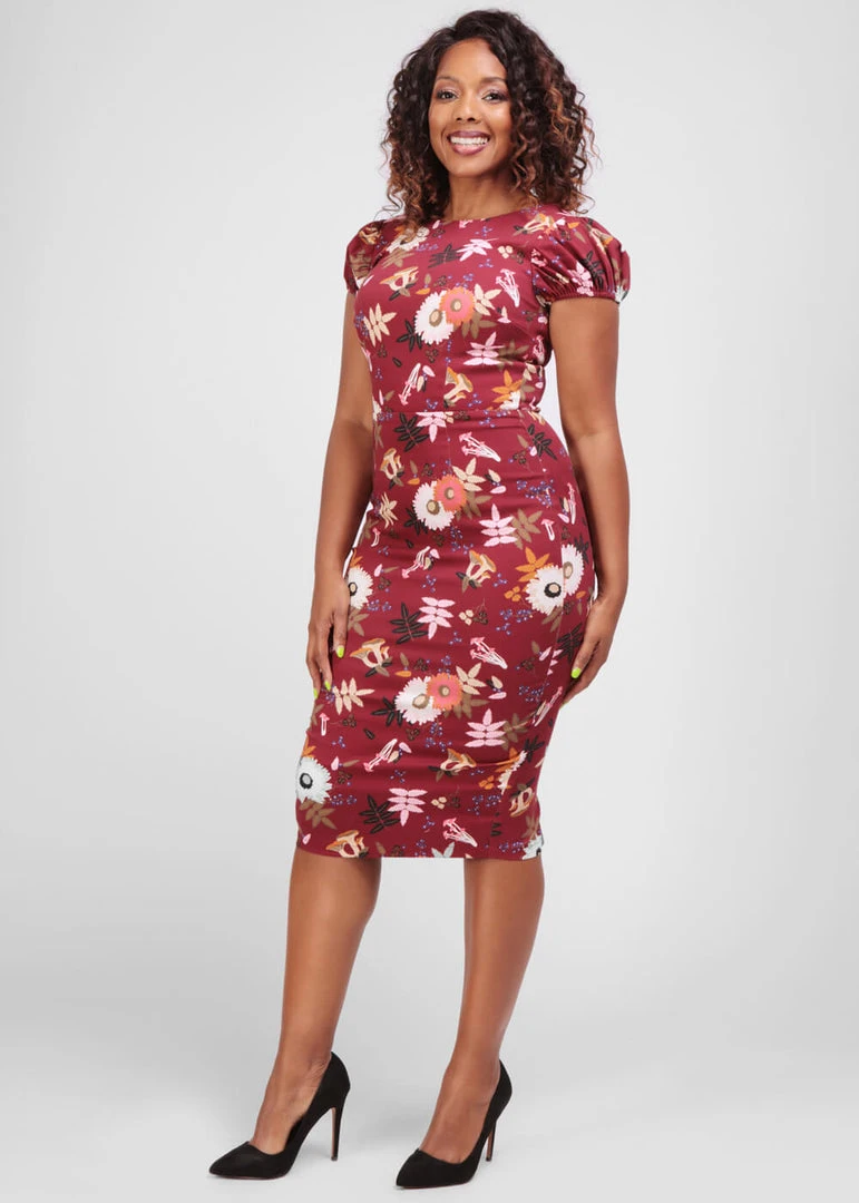 Collectif Demira Forest Floor 50's Pencil Dress Wine