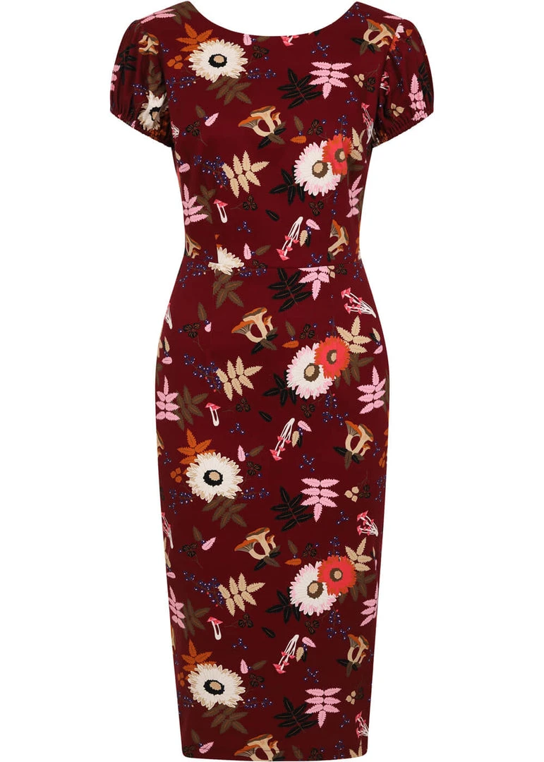Collectif Demira Forest Floor 50's Pencil Dress Wine