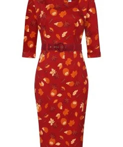 New In Collectif Katya Hedgehogs And Leaves 50's Pencil Dress Red