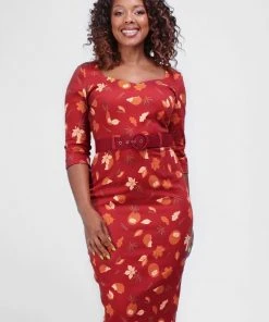 New In Collectif Katya Hedgehogs And Leaves 50's Pencil Dress Red