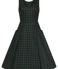 Collectif Gael Houndstooth Pinafore 40's Swing Dress Green