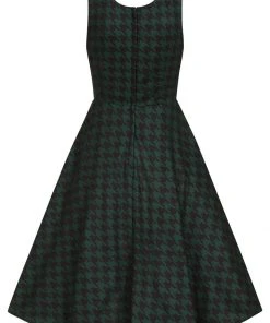 Collectif Gael Houndstooth Pinafore 40's Swing Dress Green
