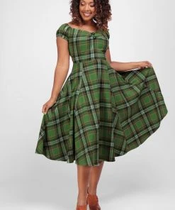 New In Collectif Dolores Dales Check 50's Swing Dress Green