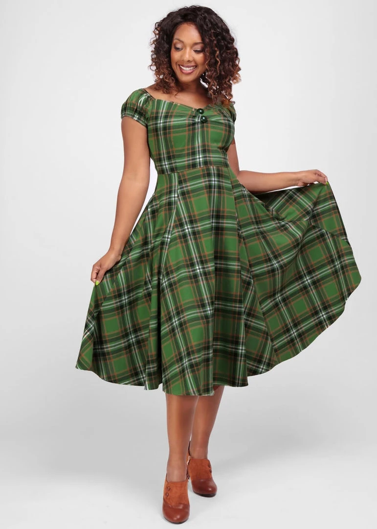 New In Collectif Dolores Dales Check 50's Swing Dress Green
