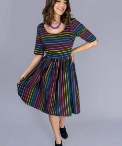 Collectif Amber-Lea Dark Rainbow 50's Swing Dress Multi New In