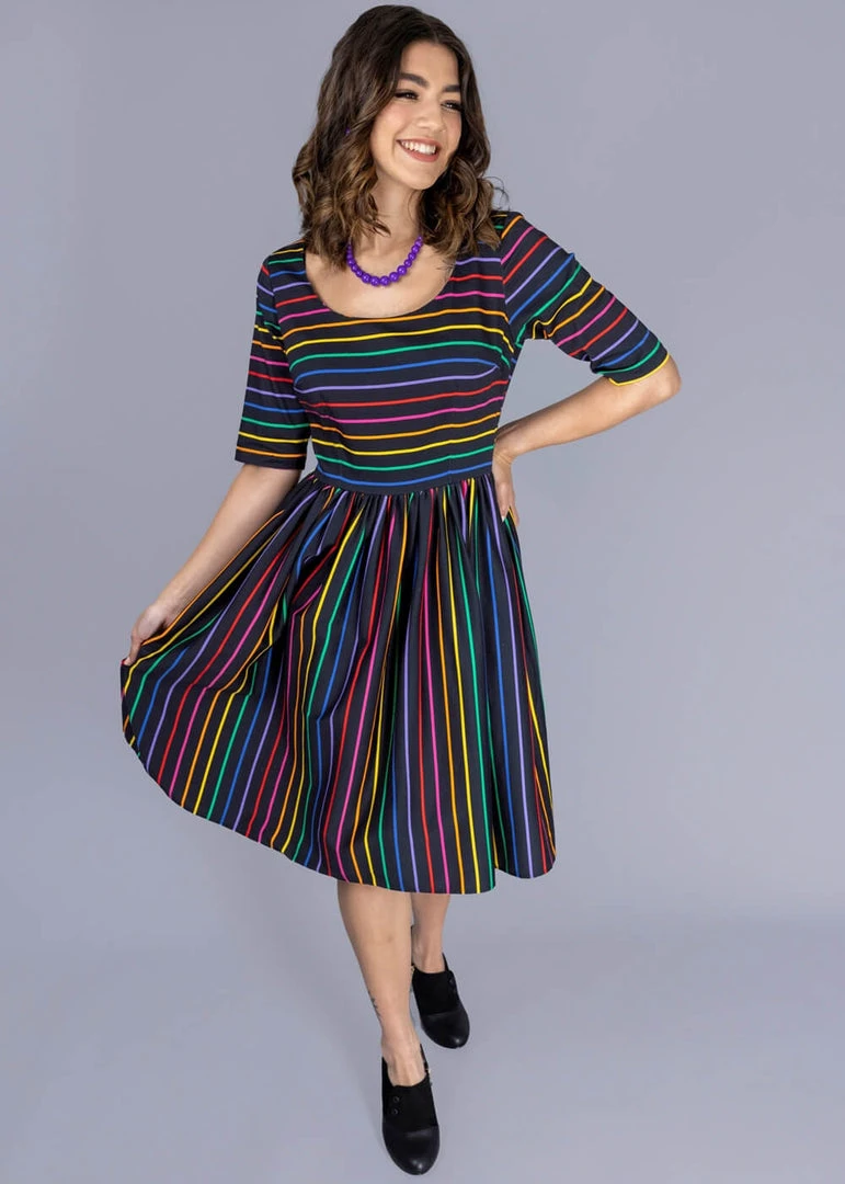 Collectif Amber-Lea Dark Rainbow 50's Swing Dress Multi New In