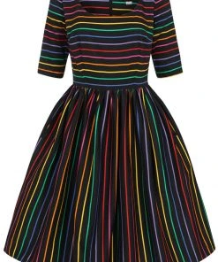 Collectif Amber-Lea Dark Rainbow 50's Swing Dress Multi New In