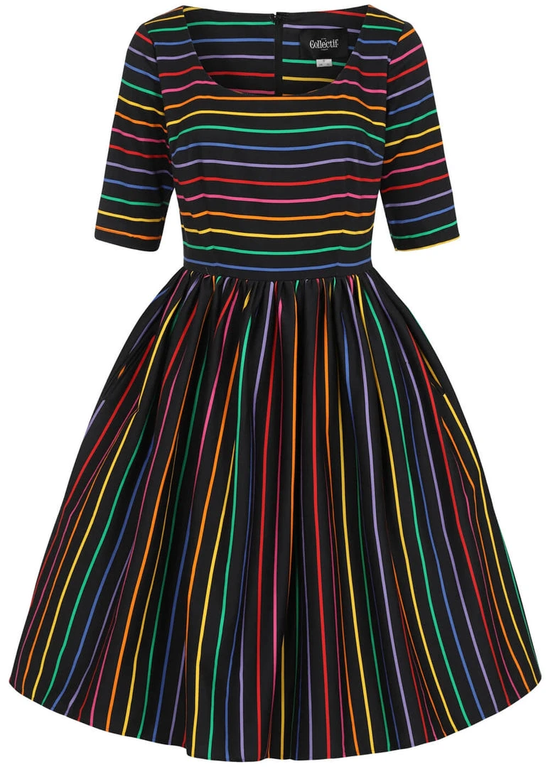 Collectif Amber-Lea Dark Rainbow 50's Swing Dress Multi New In