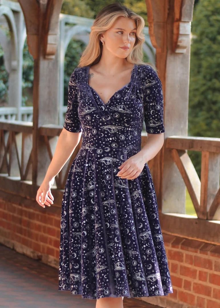 Collectif Trixie Celestial 50's Velvet Swing Dress Purple
