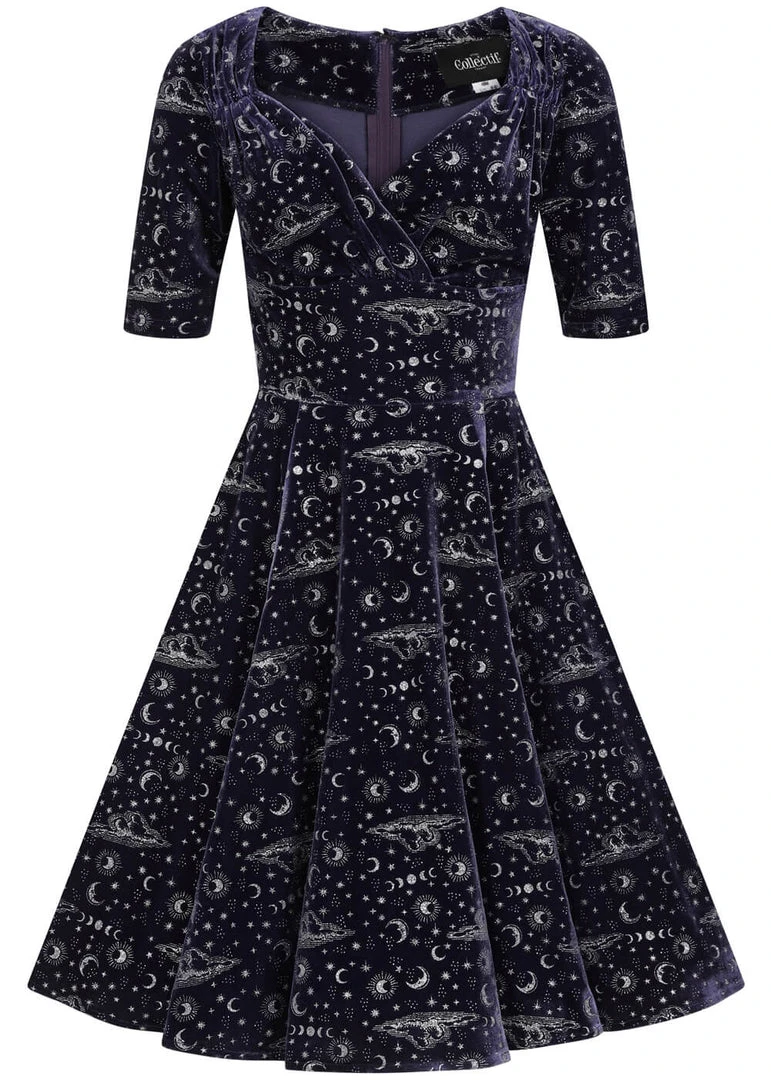 Collectif Trixie Celestial 50's Velvet Swing Dress Purple