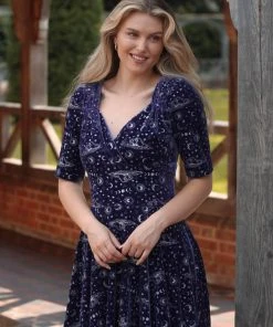 Collectif Trixie Celestial 50's Velvet Swing Dress Purple