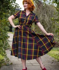 New In Collectif Caterina Giles Check 50's Swing Dress Wine