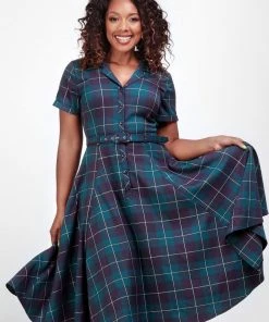 New In Collectif Caterina Mermaid Check 50's Swing Dress Teal