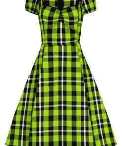 New In Collectif Mimi Frogs Breath Check 50's Swing Dress Green
