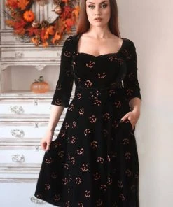 Collectif Eliana Pumpkin Glitter 50's Swing Dress Black Orange New In