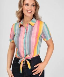 Collectif Sammy Dreamy Rainbow Stripe 50's Blouse Top Multi New In