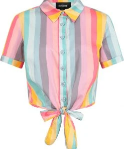 Collectif Sammy Dreamy Rainbow Stripe 50's Blouse Top Multi New In